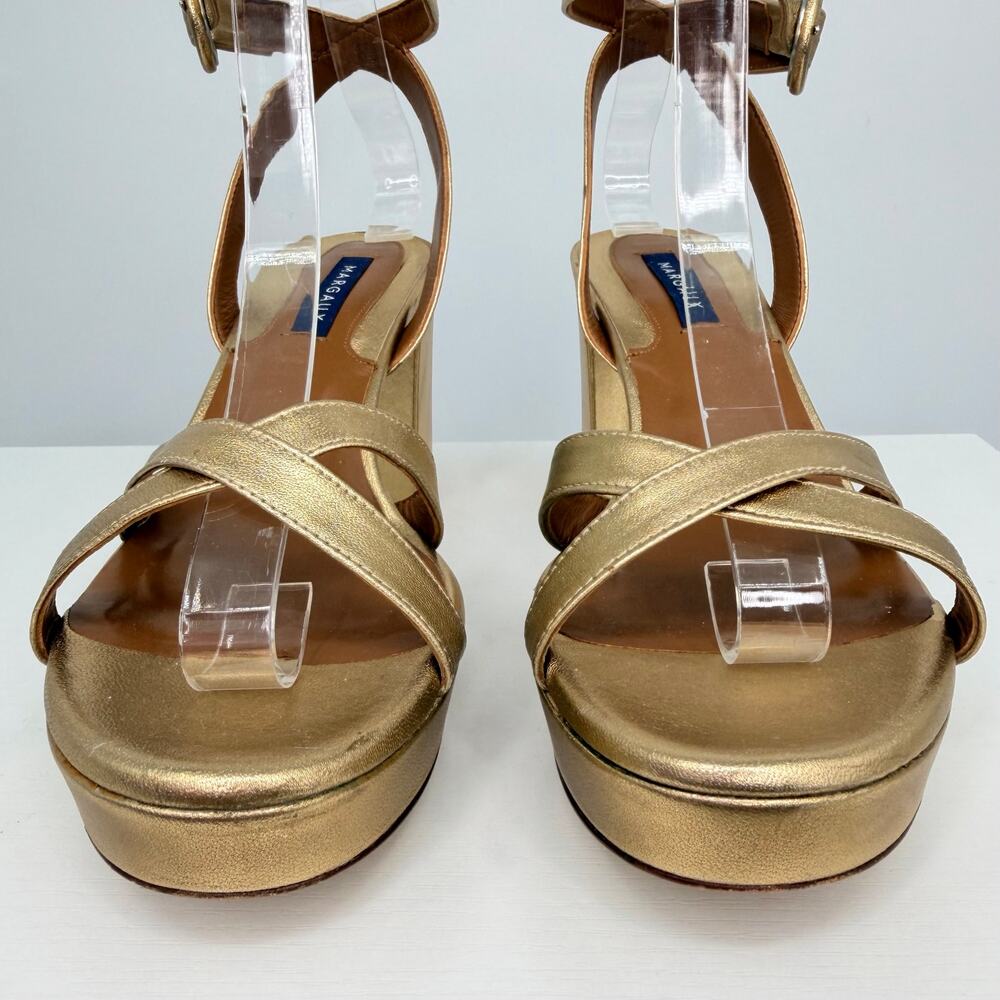 Margaux Gold Nappa Leather Platform Sandals Size 37.5 Block Heel Ankle Strap - Picture 7 of 16